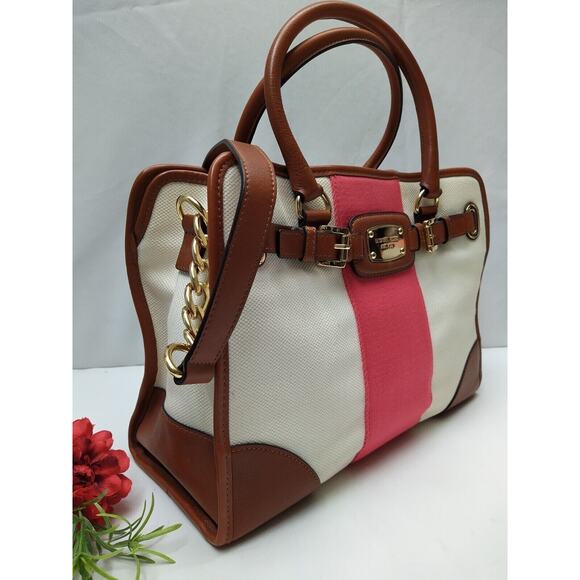 Michael Kors Hamilton Ivory Canvas Leather Trim Red Stripe Satchel Shoulder Bag - Picture 2 of 14